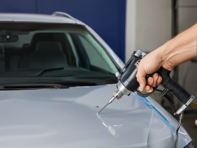 Professional auto painting workshop with technicians working on vehicles