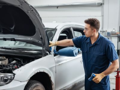 Auto painting workshop with skilled technicians working on vehicle