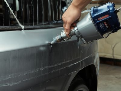 Auto painting workshop with technicians working on vehicle