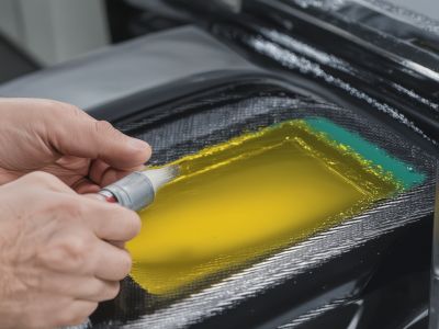 Auto body technician performing dent repair on vehicle panel