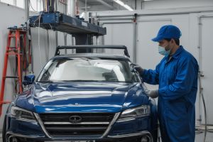 Professional auto painter applying paint